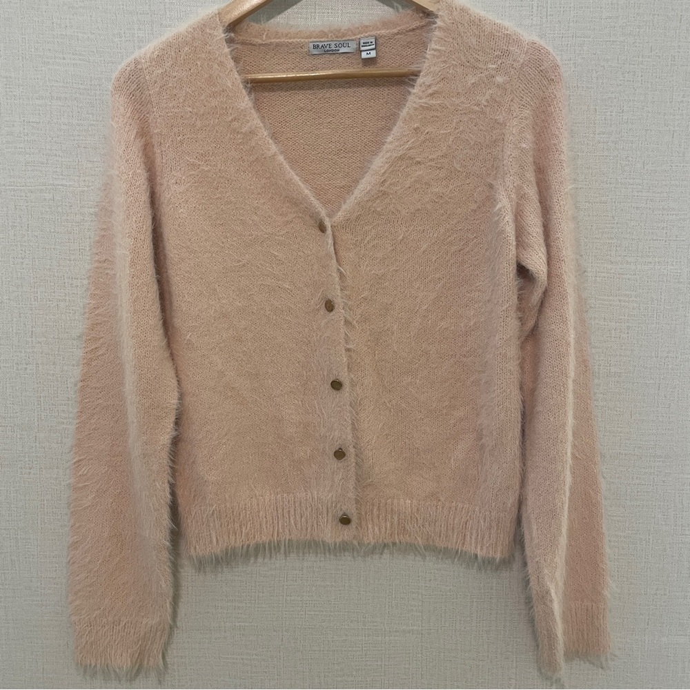 Brave Soul soft pink/apricot fuzzy cardigan. Size: medium